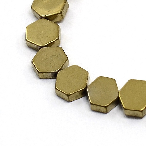 

PandaHall Electroplate Non-magnetic Synthetic Hematite Bead Strands, Hexagon, Golden Plated, 6x6x2mm, Hole: 1mm, about 68pcs/strand, 15.7...