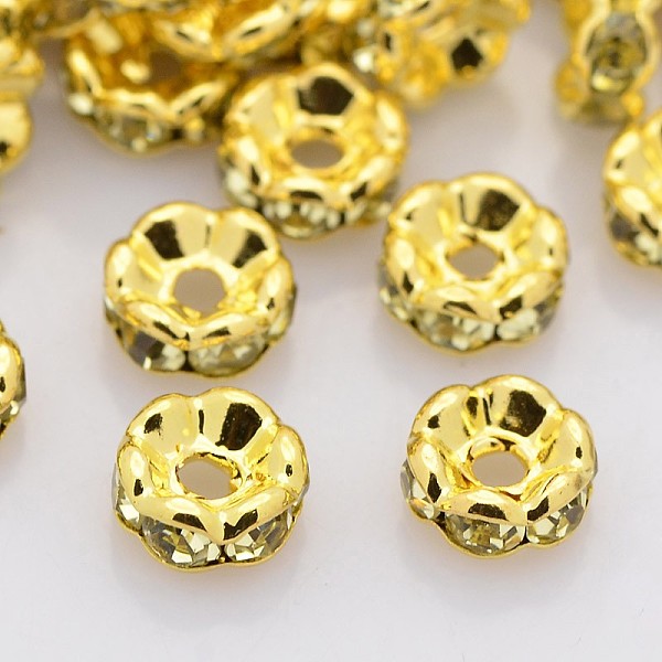 

PandaHall Brass Rhinestone Spacer Beads, Grade A, Wavy Edge, Golden Metal Color, Rondelle, Jonquil, 6x3mm, Hole: 1mm Brass+Rhinestone..., Yellow
