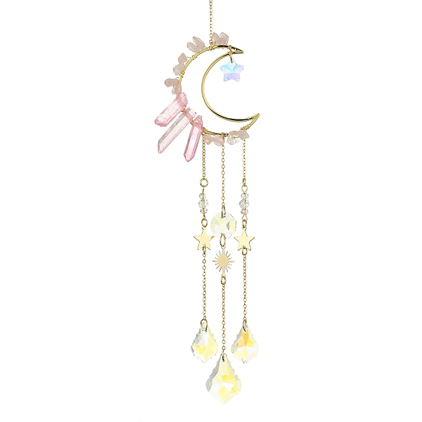 

PandaHall Moon & Star Brass Hanging Ornaments, Natural Rose Quartz Chips and Glass Tassel Suncatchers, 278mm, Hole: 10mm Rose Quartz