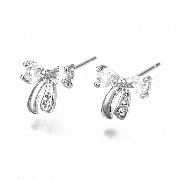 

PandaHall Brass Stud Earrings, with Clear Cubic Zirconia, Nickel Free, Bowknot, Real Platinum Plated, 8.5x9mm, Pin: 0.7mm Brass Bowknot...
