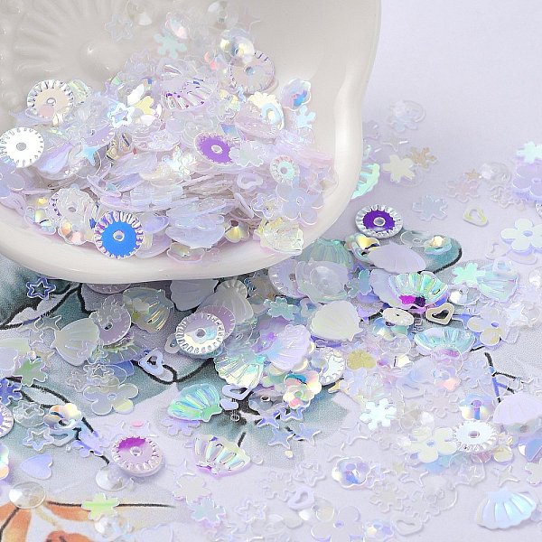 

PandaHall Ornament Accessories, PVC Plastic Paillette/Sequins Beads, Golden Sheen, Mixed Shapes, Star/Flower/Shell/Round, Colorful..., White