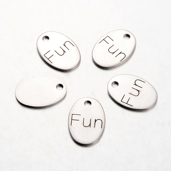 

PandaHall Spray Painted Stainless Steel Pendants, Oval with Words Fun, Stainless Steel Color, 17x12x1mm, Hole: 2mm Stainless Steel Oval