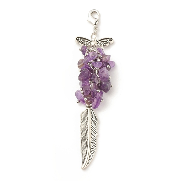 

PandaHall Natural Amethyst Chips Cluster Pendant Decorations, Feather Lobster Clasp Charms, for Keychain, Purse, Backpack Ornament, 91~93mm...