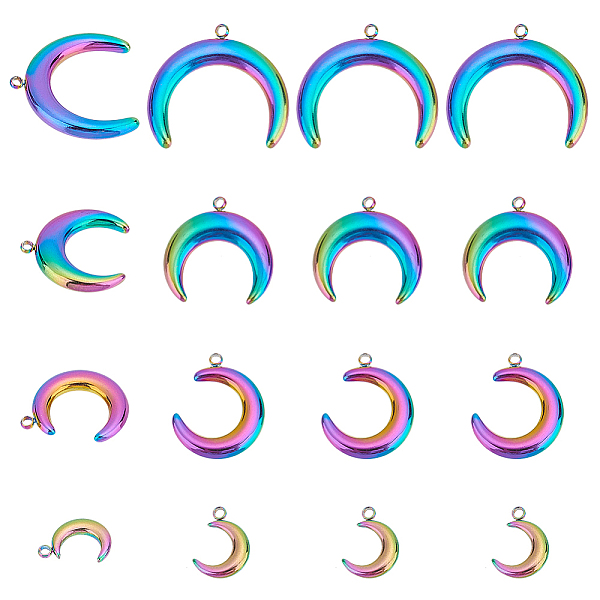 PandaHall PH 16pcs Rainbow Moon Pendants, Crescent Moon Charms Stainless Steel Blank Tag Charms Double Horn Moon Jewelry for Earring...