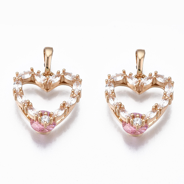 

PandaHall Brass Micro Cubic Zirconia Pendants, with Glass and Brass Snap on Bails, Heart, Light Gold, Flamingo, 17x16x6mm, Hole: 6x4mm..., Pink