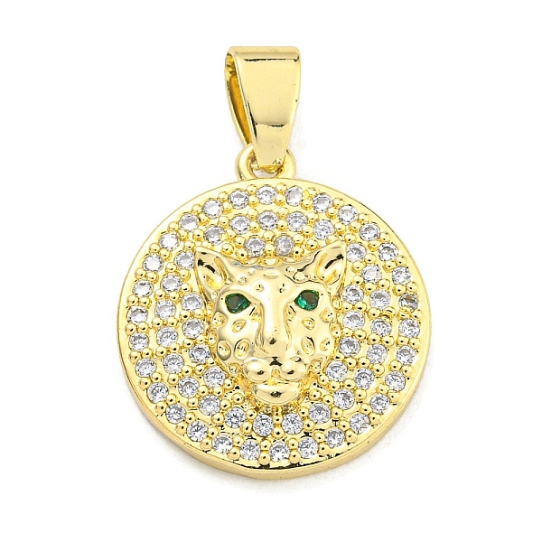 

PandaHall Brass Micro Pave Cubic Zirconia Pendants, Flat Round with Leopard Head Charms, Real 18K Gold Plated, 19.5x17x4.5mm, Hole: 5.5x3mm..., Clear