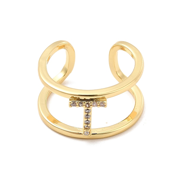 

PandaHall Clear Cubic Zirconia Initial Letter Open Cuff Ring, Real 18K Gold Plated Brass Double Line Ring for Women, Lead Free & Cadmium...