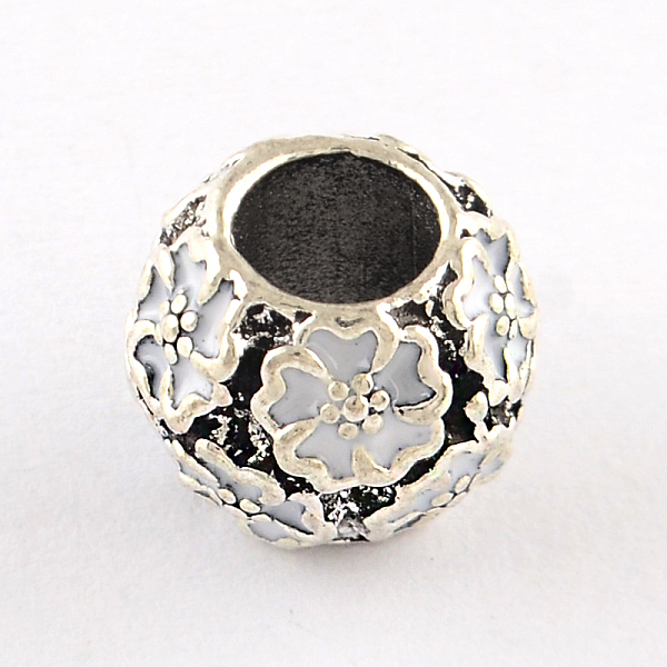 

PandaHall Antique Silver Plated Hollow Flower Pattern Rondelle Tibetan Style Alloy Enamel European Beads, Large Hole Beads, White, 10x8~9mm...