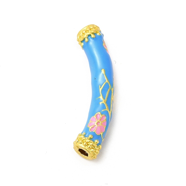 

PandaHall Pack Plating Alloy Enamel Beads, Matte Gold Color, Curved Tube with Flower, Dodger Blue, 9.5x37x7mm, Hole: 3mm Alloy+Enamel Tube