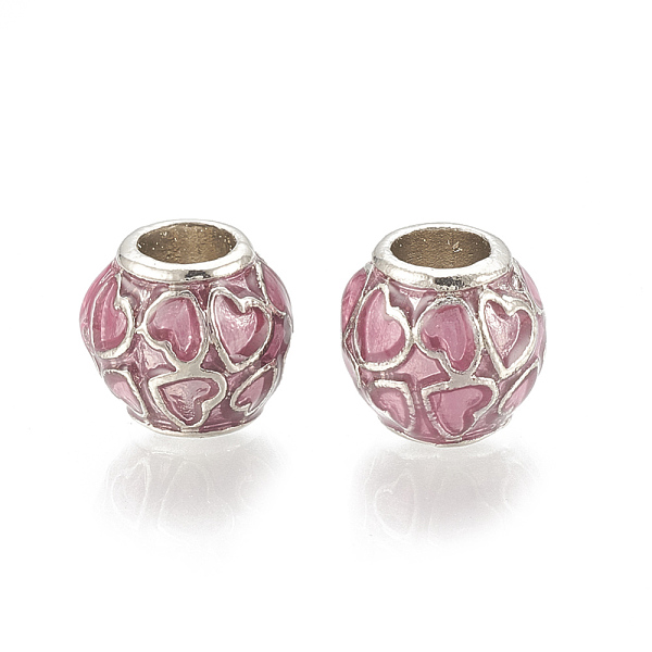 

PandaHall Alloy European Beads, Large Hole Beads, with Enamel, Rondelle with Heart, Platinum, Pearl Pink, 11x10mm, Hole: 5mm Alloy+Enamel...