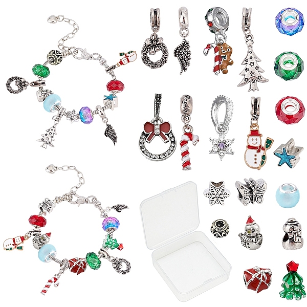 

PandaHall SUNNYCLUE DIY Christmas Bracelet Making Kits, Including Alloy European Beads & Dangle Charms, Glass European Beads, Brass Bracelet..., Multicolor
