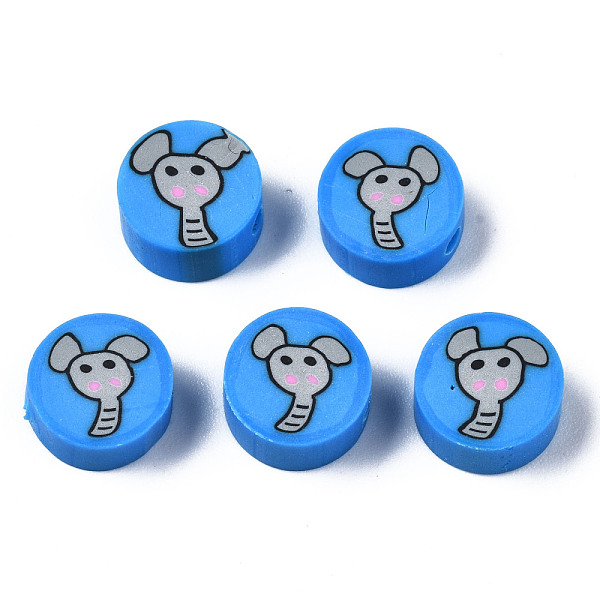 PandaHall Handmade Polymer Clay Beads, for DIY Jewelry Crafts Supplies, Flat Round with Elephant, Dodger Blue, 9~9.5x3.5~5mm, Hole: 1.6mm...
