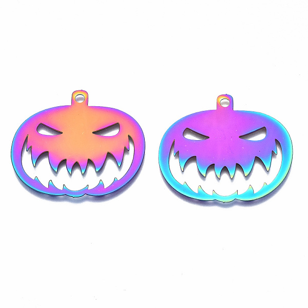

PandaHall 201 Stainless Steel Stamping Blank Tag Pendants, Ion Plating(IP), Halloween Pumpkin Jack O Lantern, Rainbow Color, 32.5x35x0.3mm...