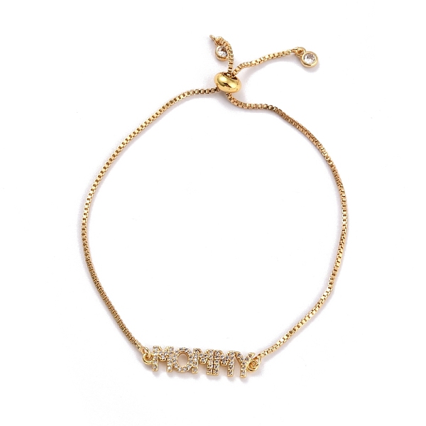 

PandaHall Adjustable Brass Micro Pave Clear Cubic Zirconia Slider Bracelets, Bolo Bracelets, Mother's Day Gifts, with Box Chains, Word Mommy...