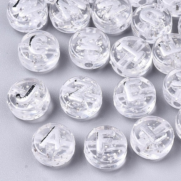 

PandaHall Transparent Clear Acrylic Beads, with Glitter Powder, Horizontal Hole, Flat Round with Random Letters, Silver, 10x6mm, Hole: 2mm...