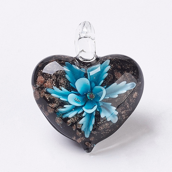 

PandaHall Handmade Lampwork Pendants, Inner Flower, Heart, Light Blue, 38x33x16mm, Hole: 6x6mm Lampwork Heart Blue