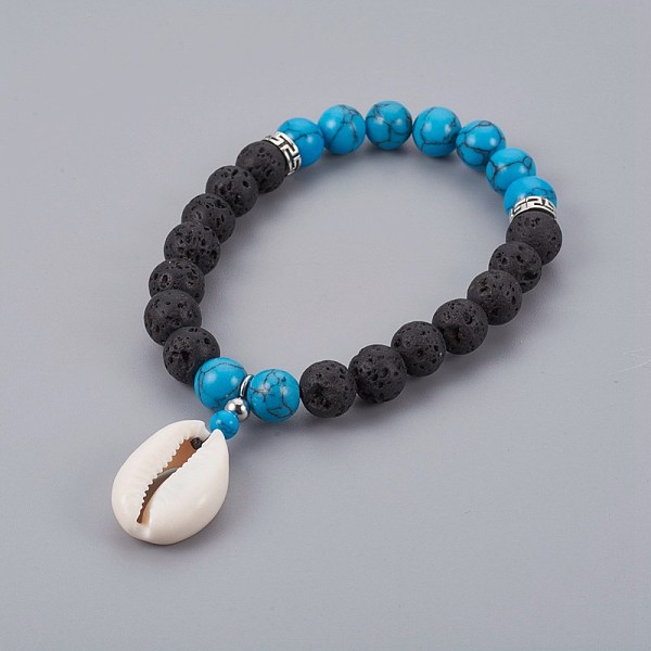 

PandaHall Cowrie Shell Charm Stretch Bracelets, with Synthetic Turquoise(Dyed) & Lava Rock Beads and Tibetan Style Alloy Spacers Beads..., Blue