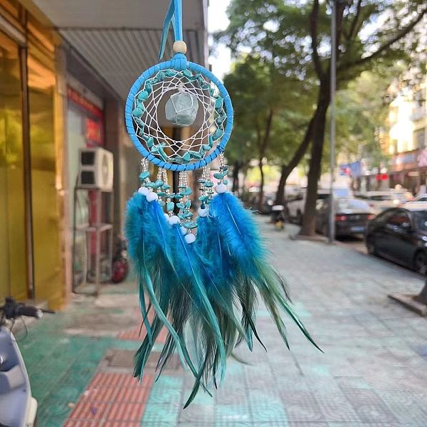 

PandaHall Synthetic Turquoise Woven Web/Net with Feather Pendant Decorations, with Wood Beads, Covered with Cotton Lace and Villus Cord...