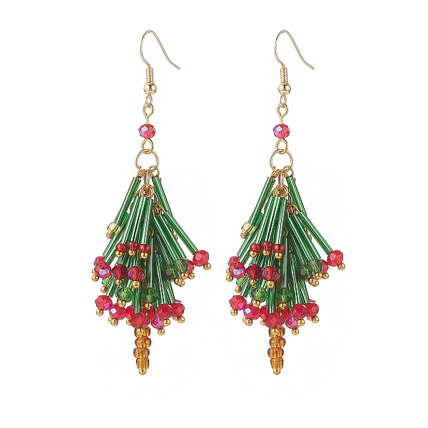 

PandaHall Glass Beaded Christmas Tree Dangle Earrings, Brass Cluster Long Drop Earrings for Women, Colorful, 81~82mm, Pin: 0.6mm Glass Green