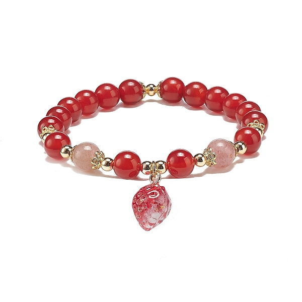 

PandaHall Natural Carnelian(Dyed & Heated) & Strawberry Quartz Beaded Stretch Bracelet with Glass Strawberry Charms for Women, Crimson..., Pink
