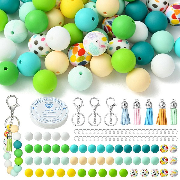 DIY Beaded Phone Charms Straps Keychain Making Kit, Including Silicone Round Beads, Iron Split Key Rings, Faux Suede Tassel Pendant Decoration, Green, 117Pcs/bag