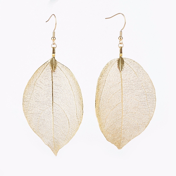 

PandaHall Brass Plated Natural Leaf Dangle Earrings, with 304 Stainless Steel Earring Hooks, Golden, 105mm, Pin:0.7mm Brass Gold