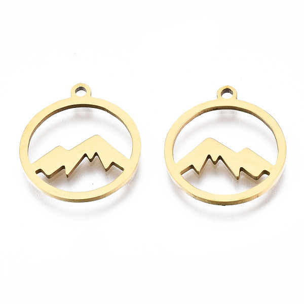 

PandaHall 201 Stainless Steel Pendants, Laser Cut, Ring with Mountain, Golden, 17.5x15.5x1mm, Hole: 1.4mm 201 Stainless Steel Ring
