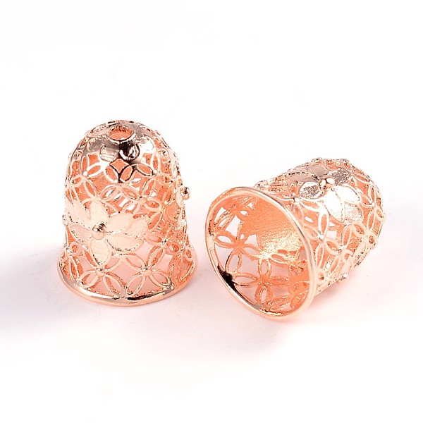 

PandaHall Hollow Bell with Flower Brass Cord Ends, End Caps, Rose Gold, 15x12mm, Hole: 2mm, Inner Diameter: 9mm Brass