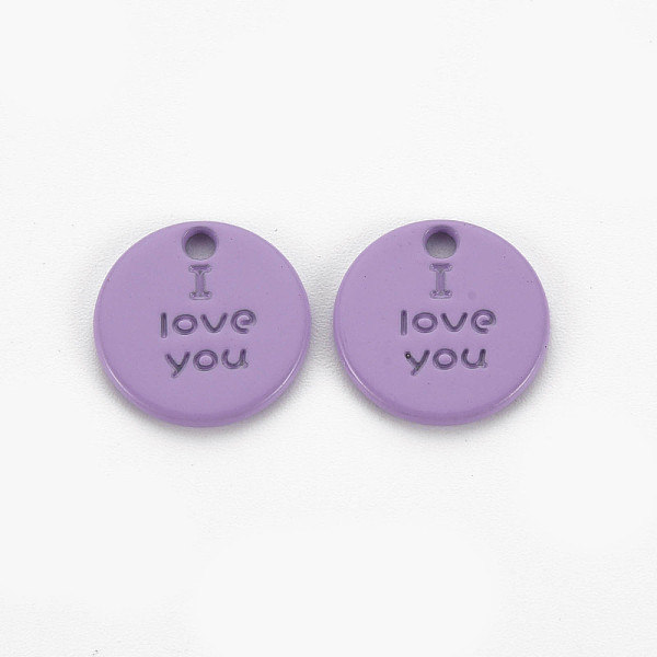 

PandaHall Spray Painted Alloy Charms for Valentine's Day, Cadmium Free & Lead Free, Flat Round with Phrase I Love You, Medium Purple...