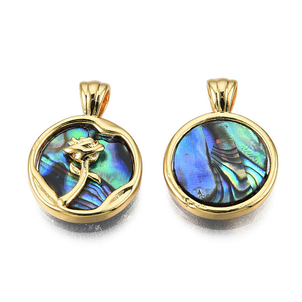 

PandaHall Synthetic Abalone Shell/Paua Shell Pendants, Flower Charms, with Real 18K Gold Plated Brass Findings, Nickel Free, Flat Round...