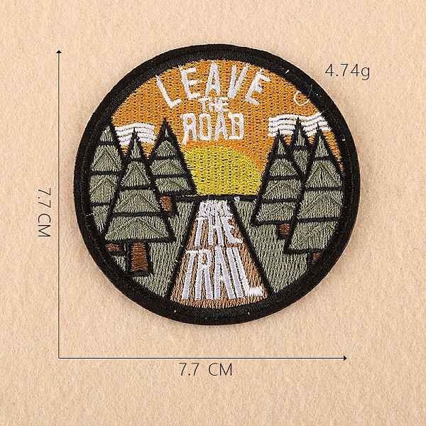 

PandaHall Computerized Embroidery Cloth Iron on/Sew on Patches, Costume Accessories, Appliques, Flat Round with Word leave the road, take...