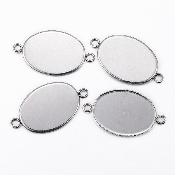 Tarnish Resistant 304 Stainless Steel Cabochon Connector Settings, Plain Edge Bezel Cups, Oval, Stainless Steel Color, Tray: 18.5x13.5mm, 24.5x14x1.5mm, Hole: 2mm