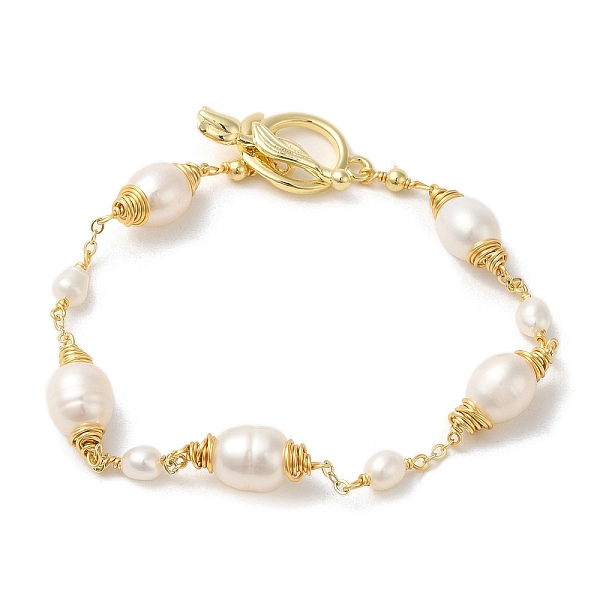 

PandaHall Natural Pearl Beaded Link Bracelets, Brass Wire Wrapped Bracelet, Real 14K Gold Plated, 8 inch(20.2cm) Pearl
