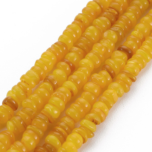 

PandaHall Natural Freshwater Shell Beads Strands, Dyed, Heishi Beads, Flat Round/Disc, Goldenrod, 3~4x0.3~3mm, Hole: 0.6mm, about..., Gold