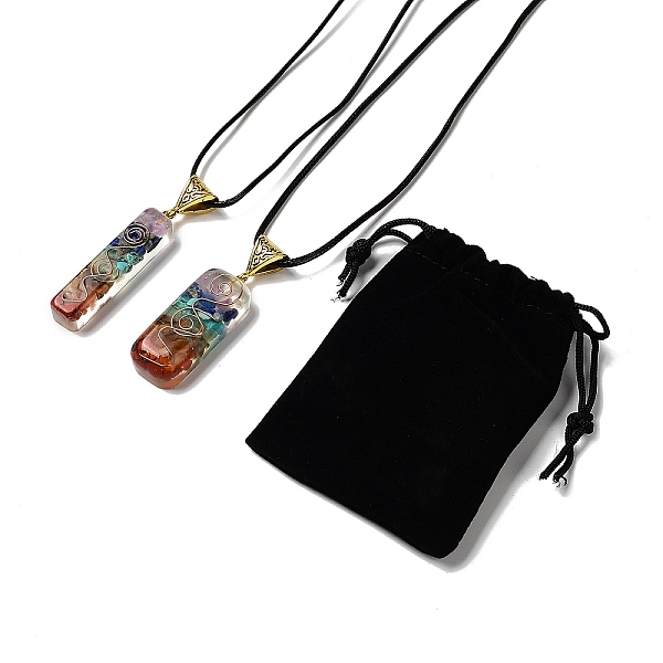 PandaHall 2Pcs 2 Styles Chakra Jewelry, Resin Orgonite Necklaces, with Waxed Cord, Natural Gemstone Inside and Velvet Bag, Rectangle...