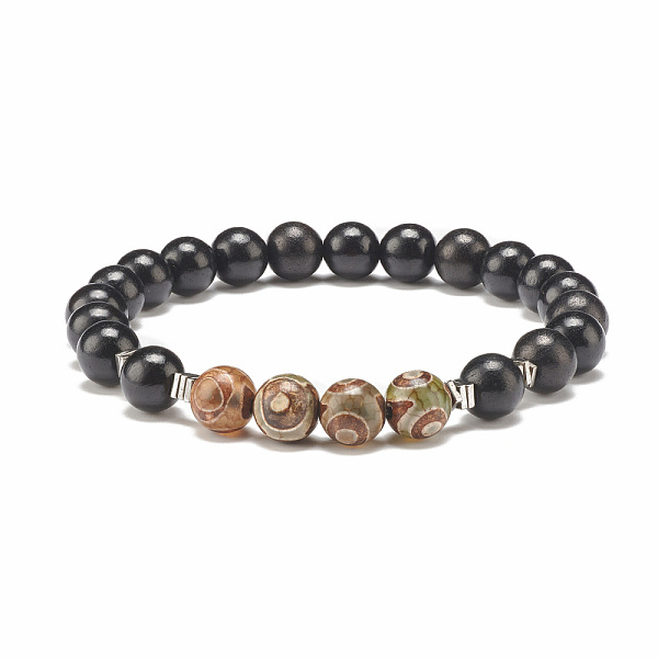 

PandaHall Gemstone Mala Bead Bracelet, Natural Wood & Tibetan 3-Eye dZi Agate Beaded Stretch Bracelet for Men Women, Black, Inner Diameter...