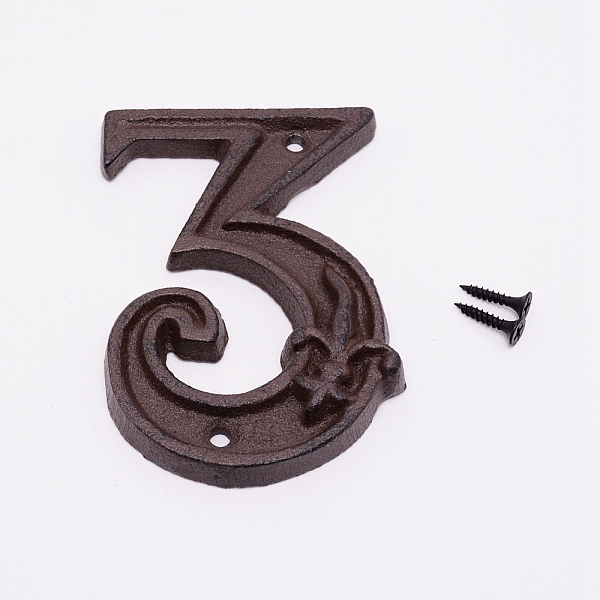 

PandaHall Iron Home Address Number, with 2pcs Screw, Num.3, 109x74x12mm, Hole: 5mm Iron Number Brown