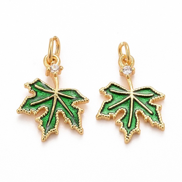 

PandaHall Autumn Theme Brass Cubic Zirconia Charms, with Enamel, Cadmium Free & Lead Free, Golden, Maple Leaf, Lime Green, 15x11x1.5mm, Hole...