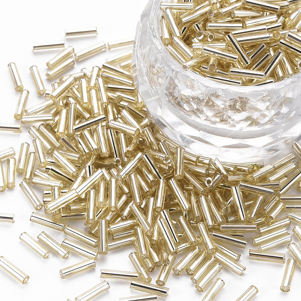 

PandaHall Plated Glass Bugle Beads, Metallic Colours, Pale Goldenrod, 6x2mm, Hole: 1mm, about 10000pcs/Pound Glass