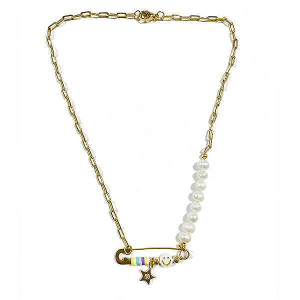 

PandaHall Smiling Face Star Safety Pin Pendant Necklace for Girl Women, Natural Pearl Beaded Necklace, Brass Paperclip Chain Necklace...