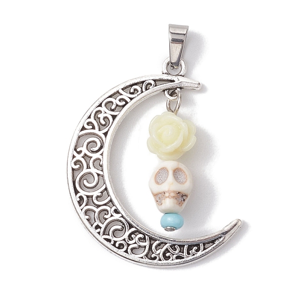 

PandaHall Halloween Synthetic Turquoise Skull Pendants, Alloy Hollow Moon Charms with Resin Rose, Antique Silver, White, 41x35x8mm, Hole...