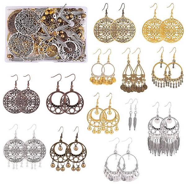 

PandaHall DIY Chandelier Dangle Earring Making Kit, Including Flat Round & Teardrop & Leaf Alloy Pendants, Brass & Iron Earring Hooks, Alloy...