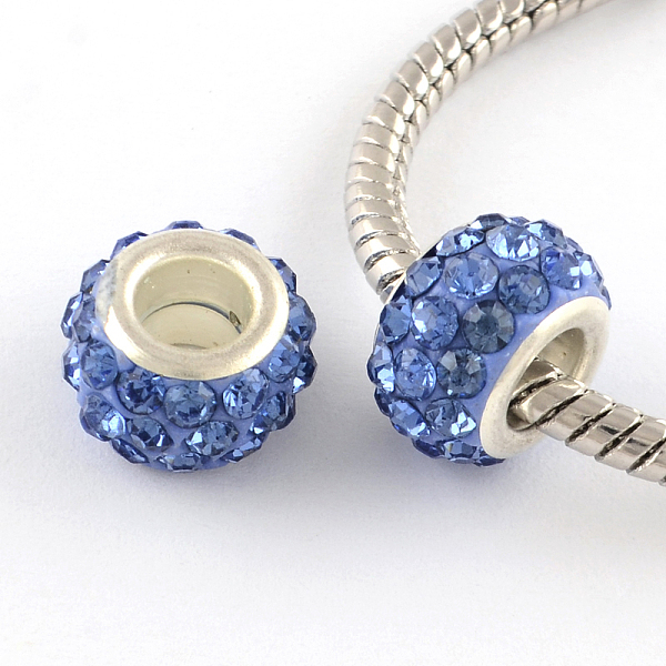 

PandaHall Polymer Clay Rhinestone European Large Hole Beads with Silver Color Plated Brass Cores, Rondelle, Light Sapphire, 11~12x7~7.5mm..., Blue