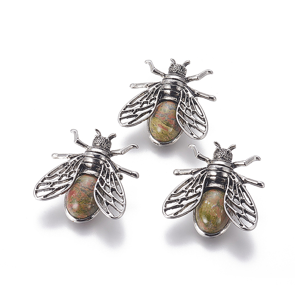 

PandaHall Natural Unakite Brooches, with Alloy Findings, Cicada, Antique Silver, 38x36x8mm, Pin: 0.6mm Unakite Insects