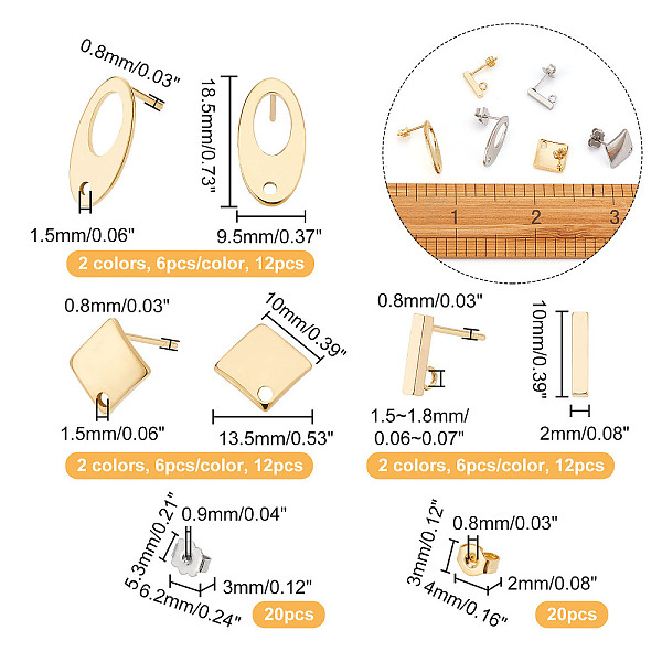 

PandaHall CHGCRAFT 36Pcs 3 Style 304 Stainless Steel Stud Earring Findings, with 40Pcs Ear Nuts, Oval & Rhombus & Rectangle, Golden &...