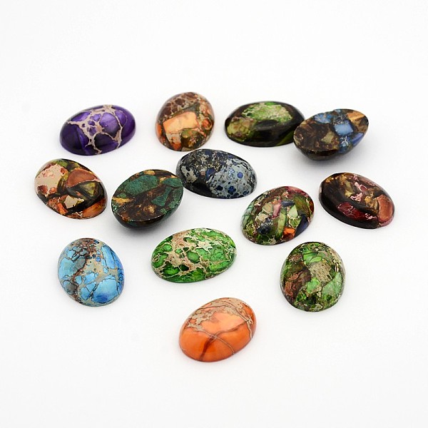 

PandaHall Dyed Natural Regalite/Imperial Jasper/Sea Sediment Jasper Oval Dome Flatback Gemstone Cabochons, Mixed Color, 25x18x8mm Imperial..., Multicolor