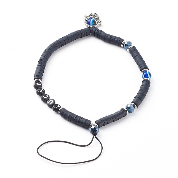 PandaHall Polymer Clay Heishi Beaded Mobile Straps, with Acrylic Enamel Beads, Glass Beads and Alloy Beads, Word Lucky, Hamsa Hand with Evil...