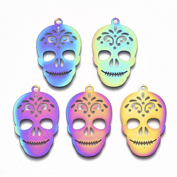 

PandaHall Ion Plating(IP) 201 Stainless Steel Pendants, Etched Metal Embellishments, Sugar Skull, For Mexico Holiday Day of The Dead...