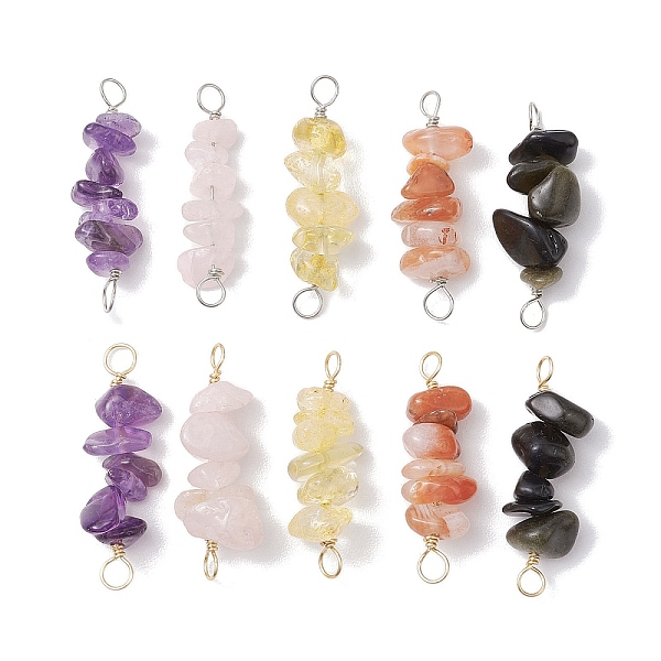 10Pcs 5 Styles Constellation Natural Amethyst & Citrine & Golden Sheen Obsidian & South Red Agate & Rose Quartz Copper Wire Wrapped Chip Beaded Connector Charms, Platinum & Golden, Libra, 29-33x7.5-11x7.5-11mm, Hole: 2.5-3mm, 2pcs/style