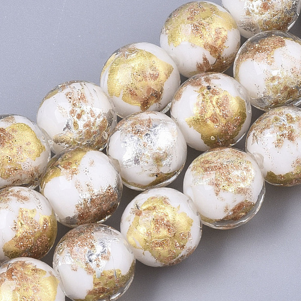 

PandaHall Handmade Gold Sand Lampwork Bead Strands, Half Silver Foil & Half Gold Foil, Round, White, 11.5~12.5x11~12mm, Hole: 1.2mm, about...